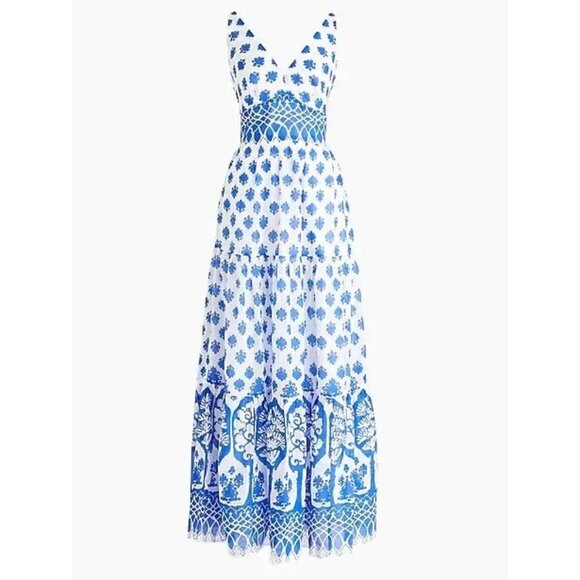 NWT J.Crew V-neck Maxi in Santorini Blue Block Print Lightweight Cotton Dress 6T - Picture 1 of 9
